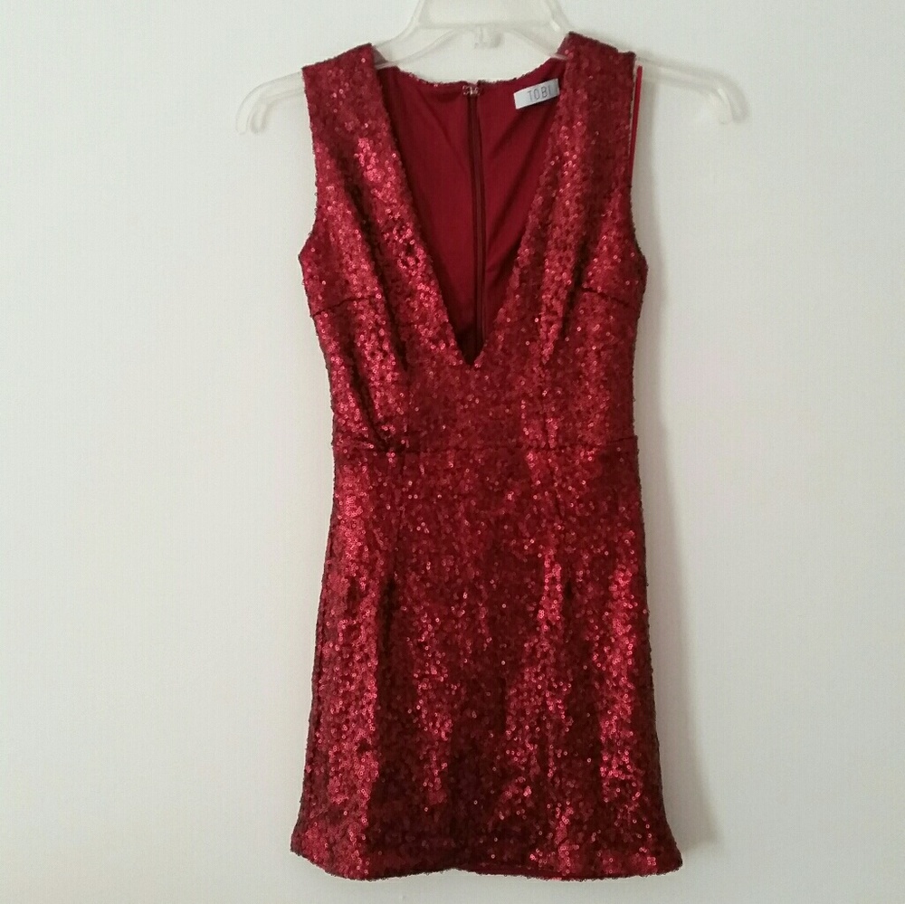 Tobi Burgundy Deep V Sequin Dress